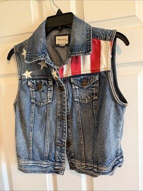 Forever 21 Blue Denim Vest with Red & White Flag Accents